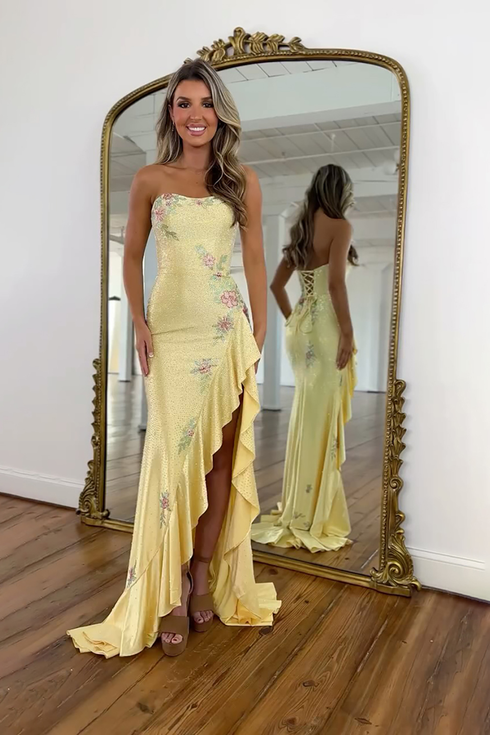 Sparkly Light Blue Floral Beaded Ruffled Long Prom Dress with Slit