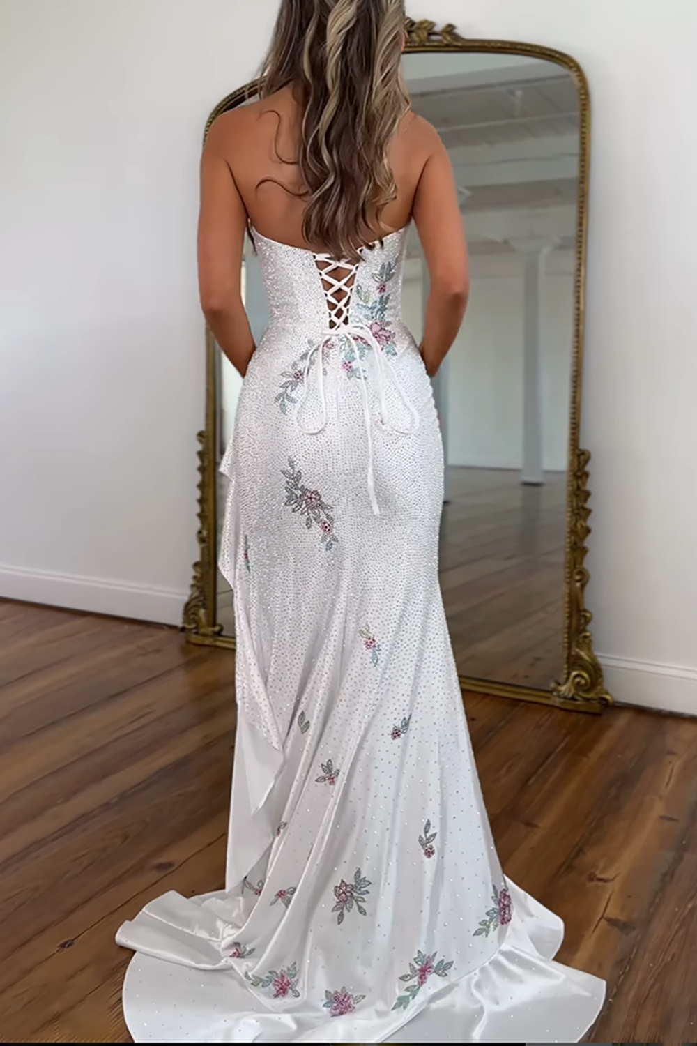 Sparkly Light Blue Floral Beaded Ruffled Long Prom Dress with Slit