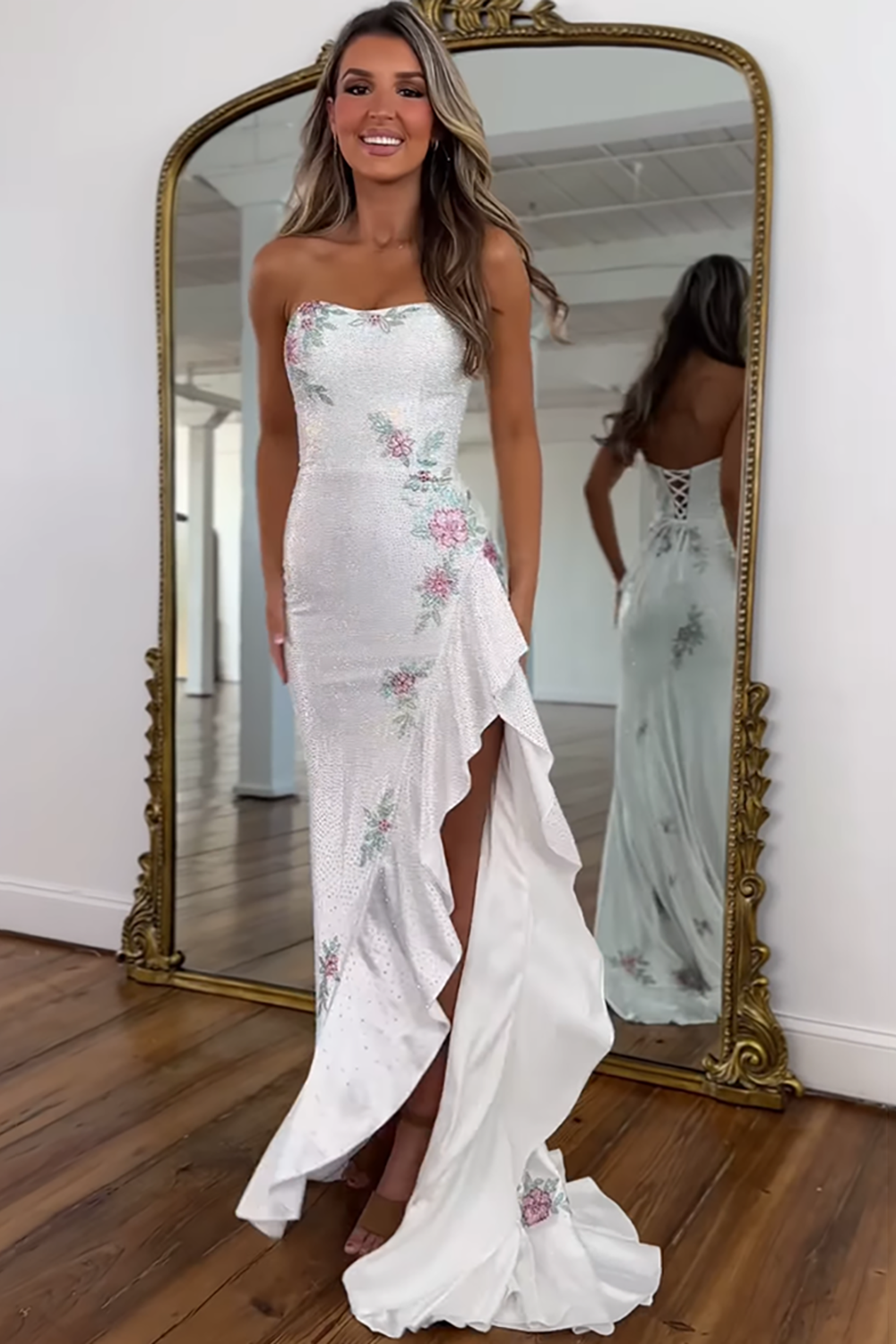 Sparkly Light Blue Floral Beaded Ruffled Long Prom Dress with Slit