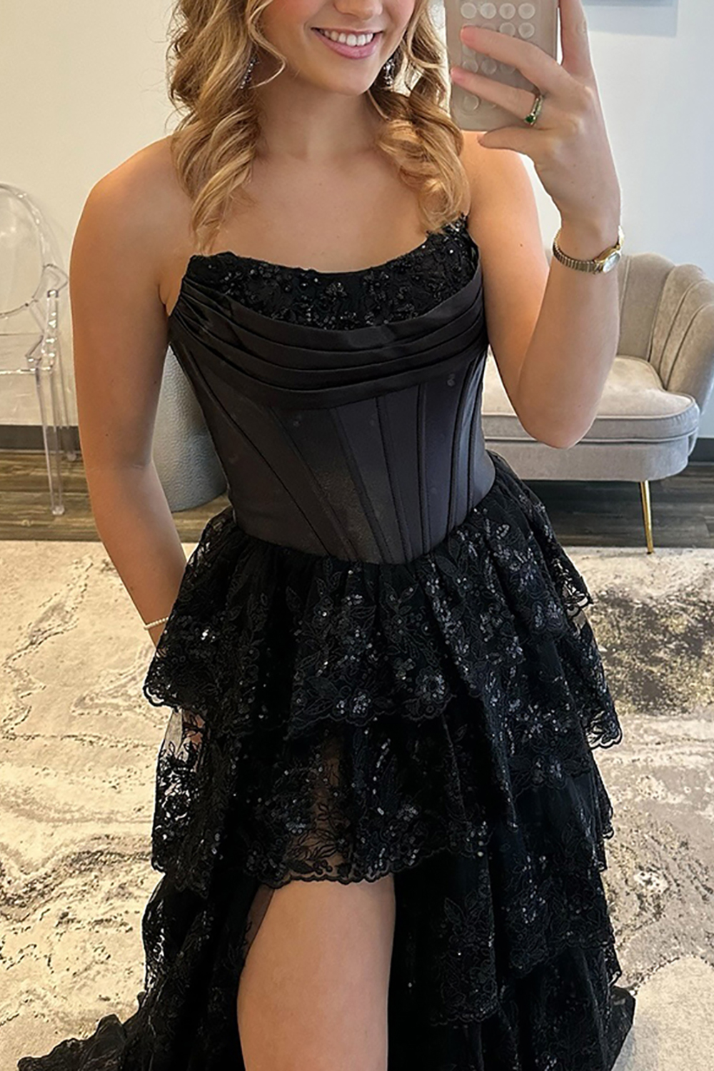 Black A Line Corset Lace Tiered Ruffled Long Prom Dress with Slit