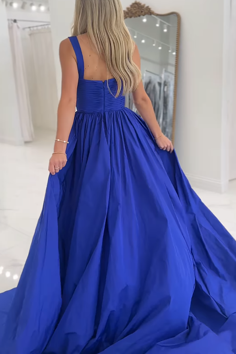 Royal Blue Mermaid Pleated Keyhole Long Prom Dress with Cape