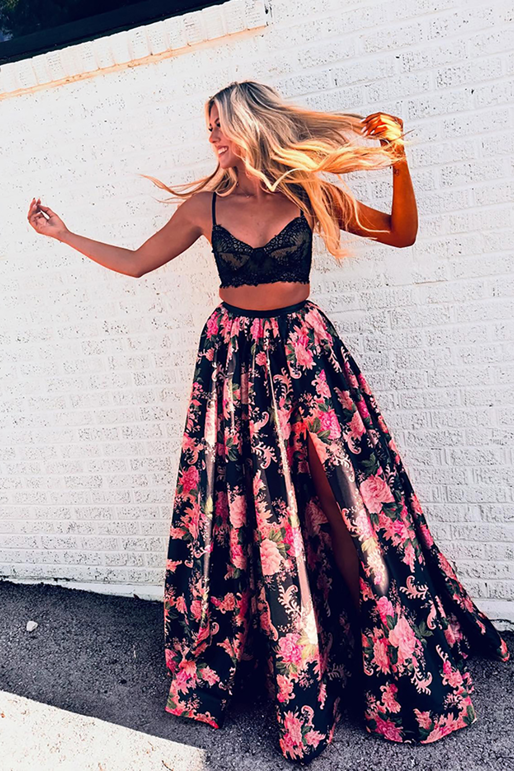 Black Red Flower A Line Printed 2 Piece Long Prom Dress with Lace