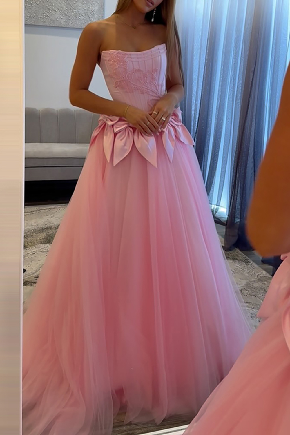 Pink Floral Corset A Line Chiffon Long Prom Dress with Bow