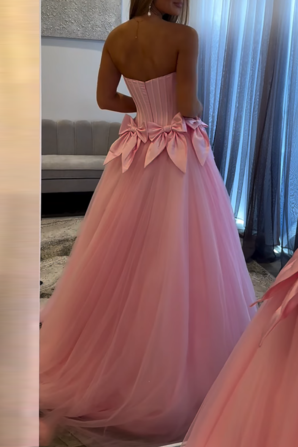 Pink Floral Corset A Line Chiffon Long Prom Dress with Bow