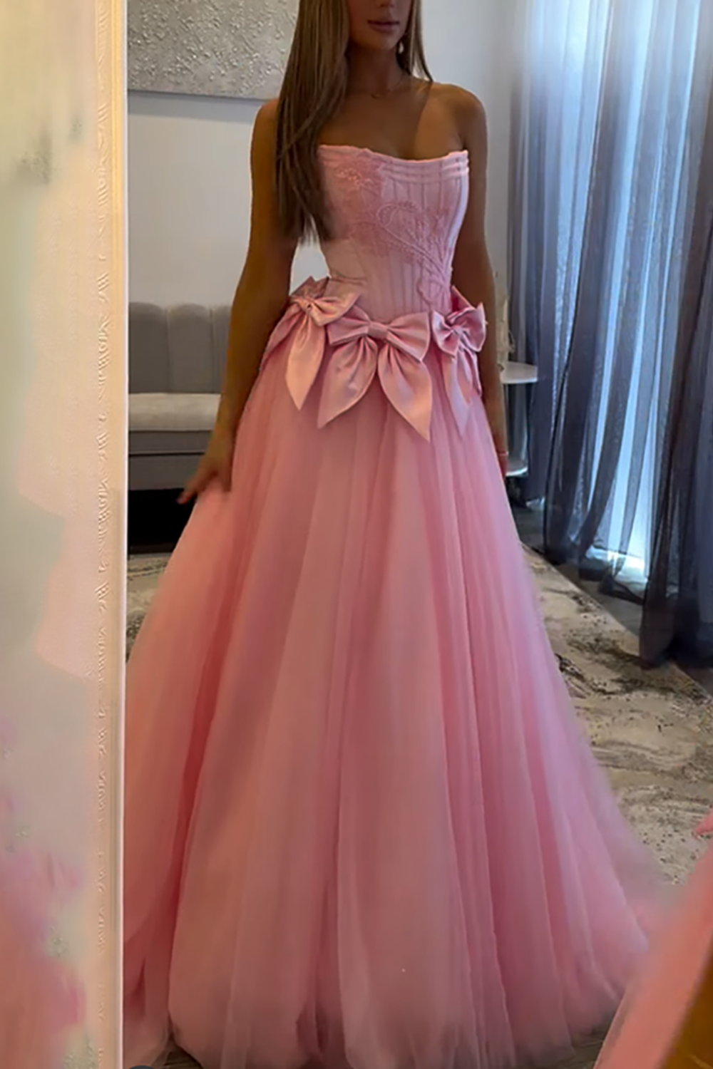 Pink Floral Corset A Line Chiffon Long Prom Dress with Bow