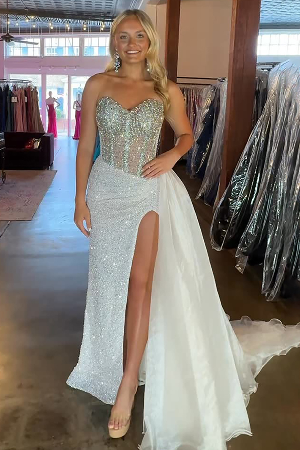 Sparkly White Sequin Mermaid Corset Long Prom Dress with Cape
