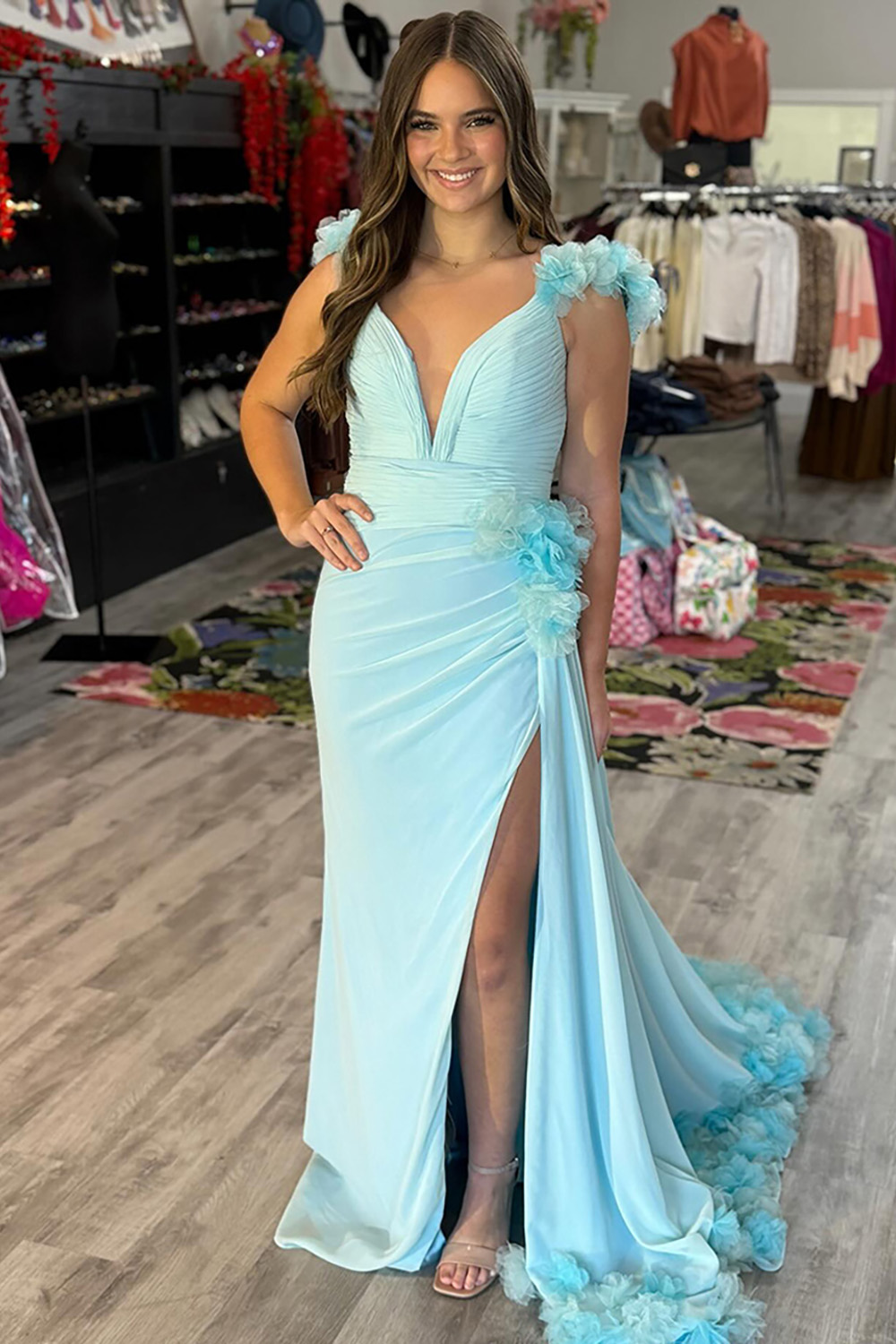 Light Green Ruffled V-Neck Mermaid Long Prom Dress with Side Cape