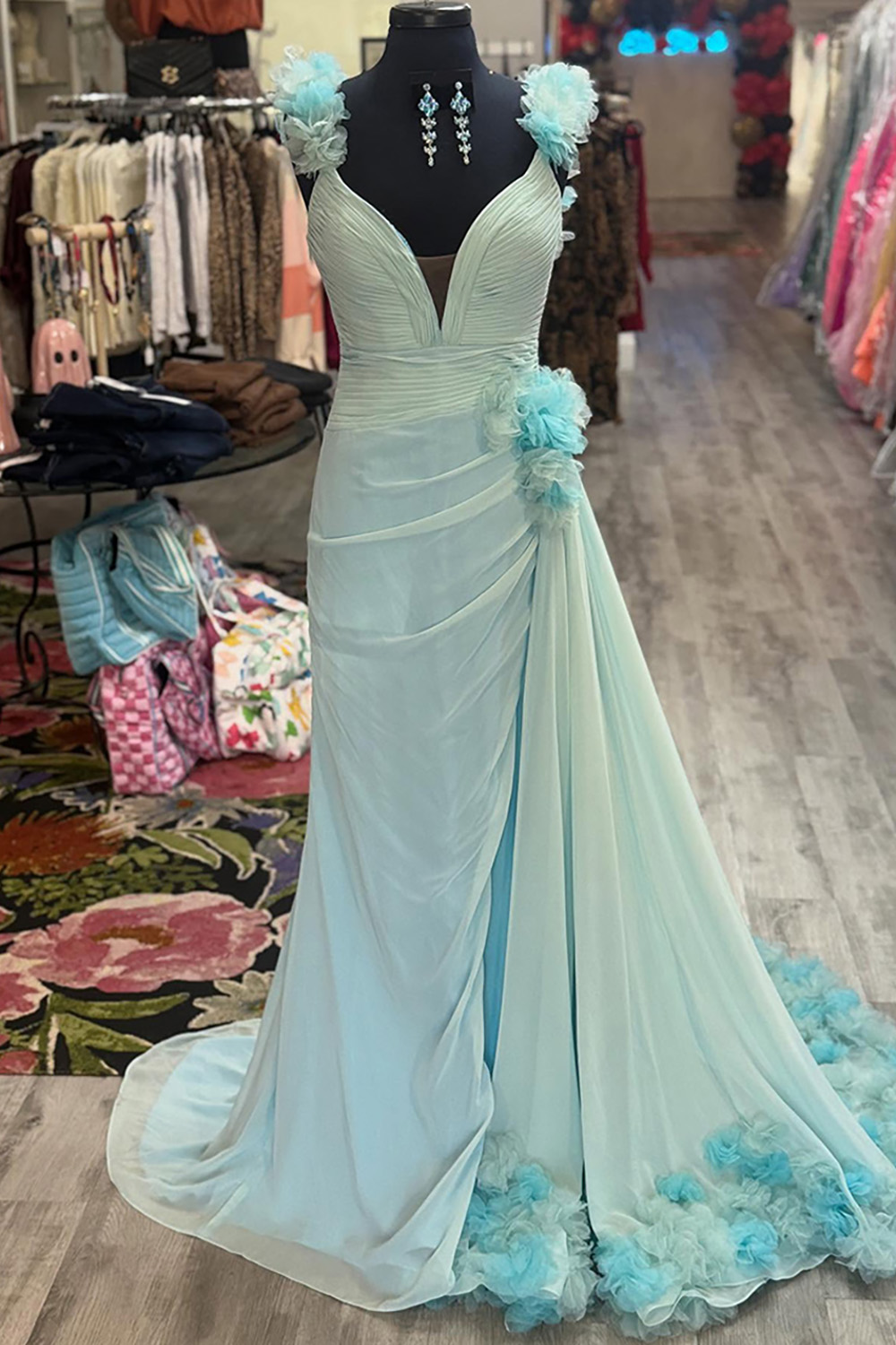 Light Green Ruffled V-Neck Mermaid Long Prom Dress with Side Cape
