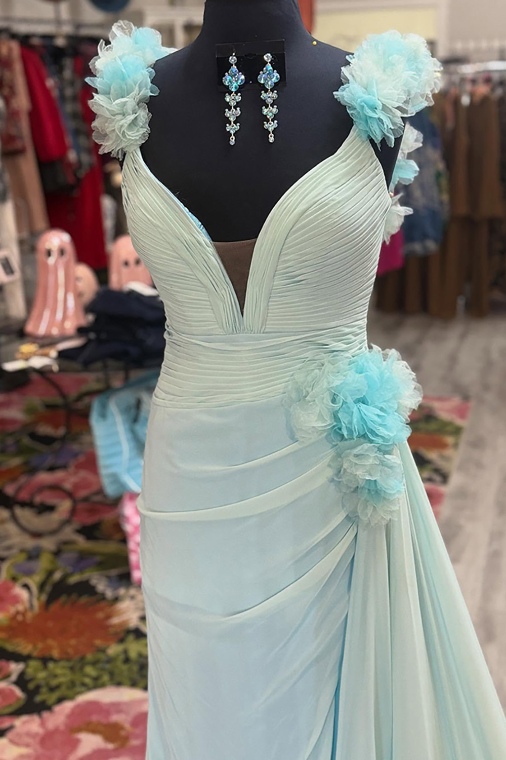 Light Green Ruffled V-Neck Mermaid Long Prom Dress with Side Cape