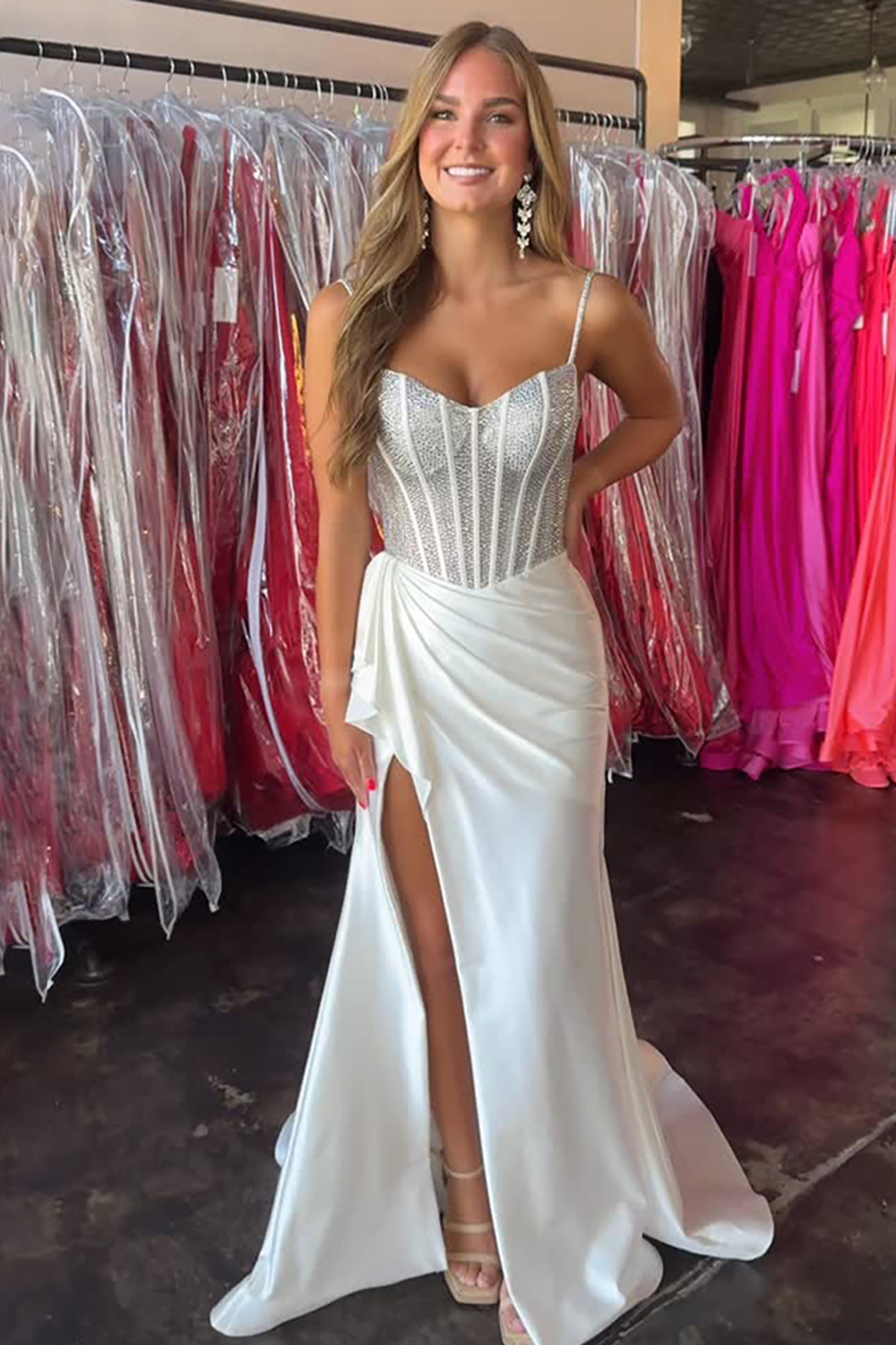 Sparkly White Mermaid Corset Sequin Long Prom Dress with Slit