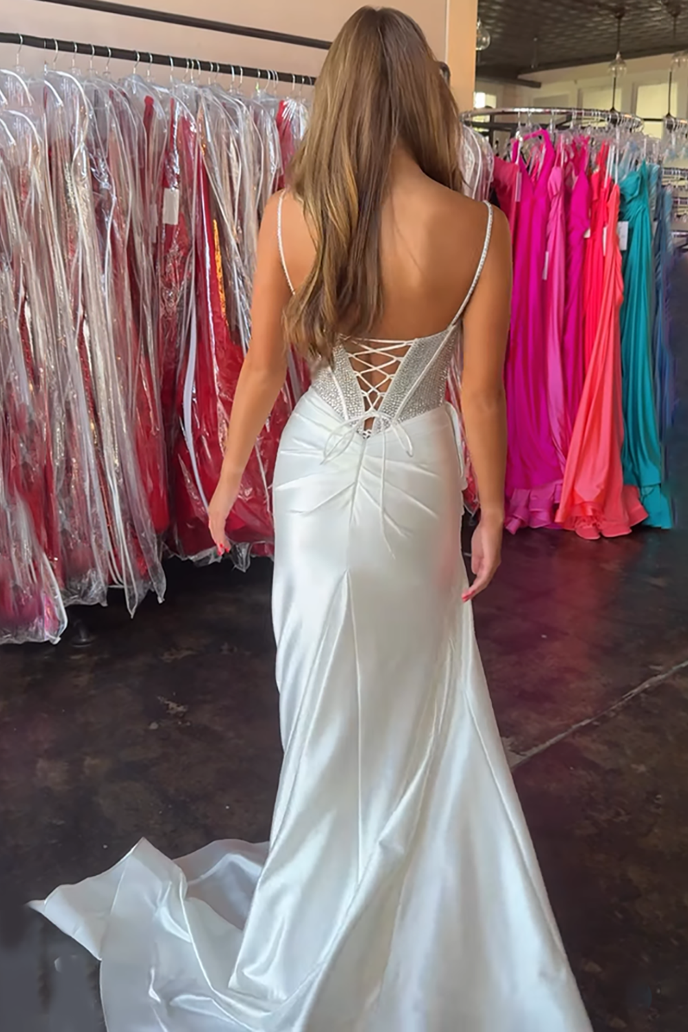Sparkly White Mermaid Corset Sequin Long Prom Dress with Slit