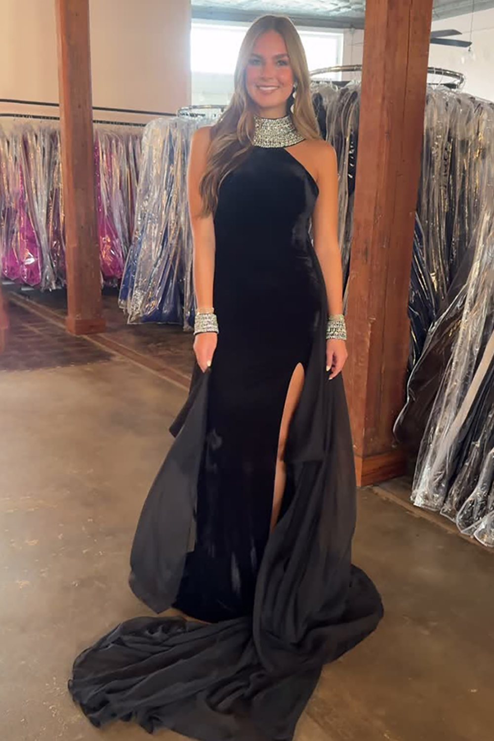 Sparkly Beaded Black Mermaid Chiffon Long Prom Dress with Cape