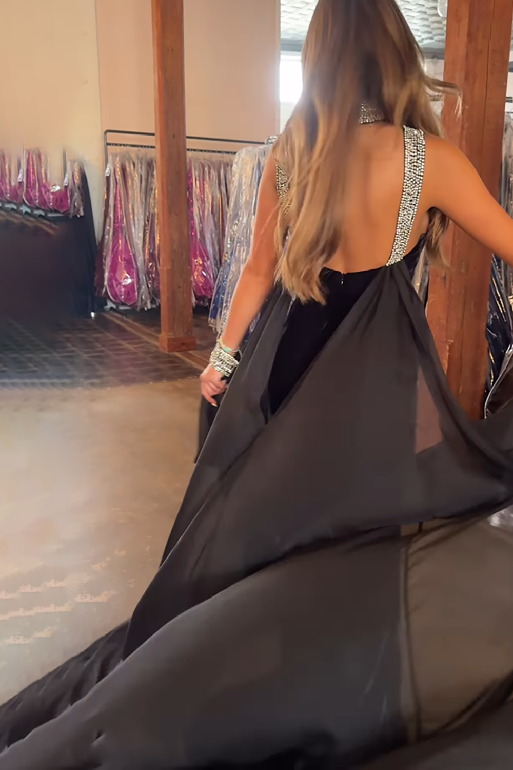 Sparkly Beaded Black Mermaid Chiffon Long Prom Dress with Cape