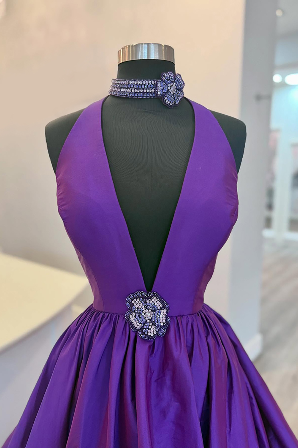 Sparkly Floral Beaded Black A Line Halter Long Prom Dress