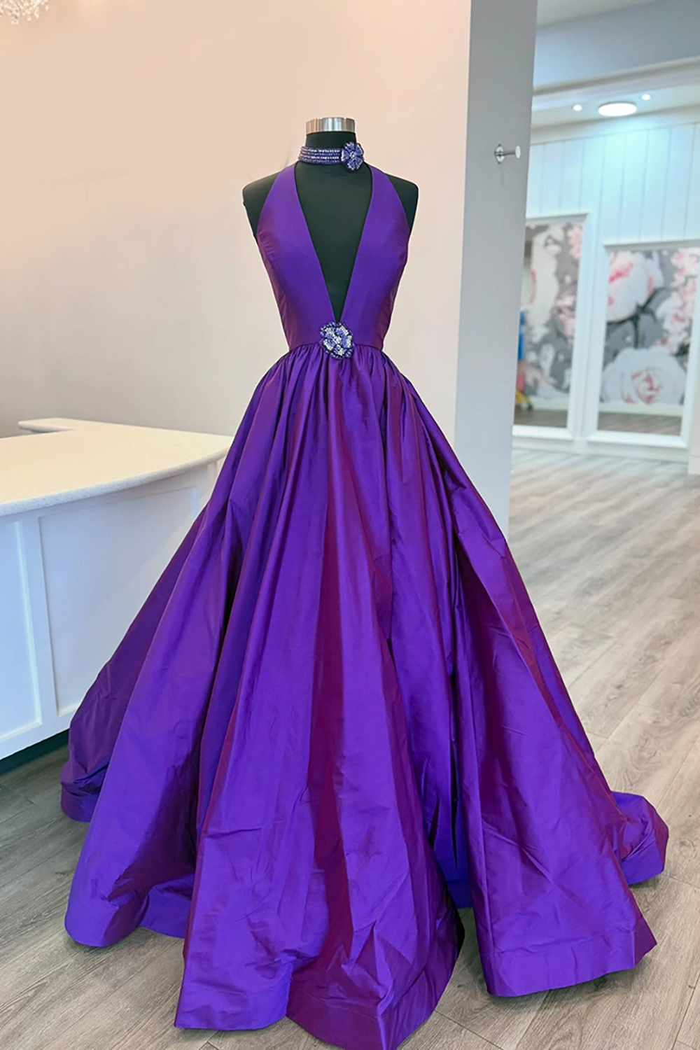 Sparkly Floral Beaded Black A Line Halter Long Prom Dress