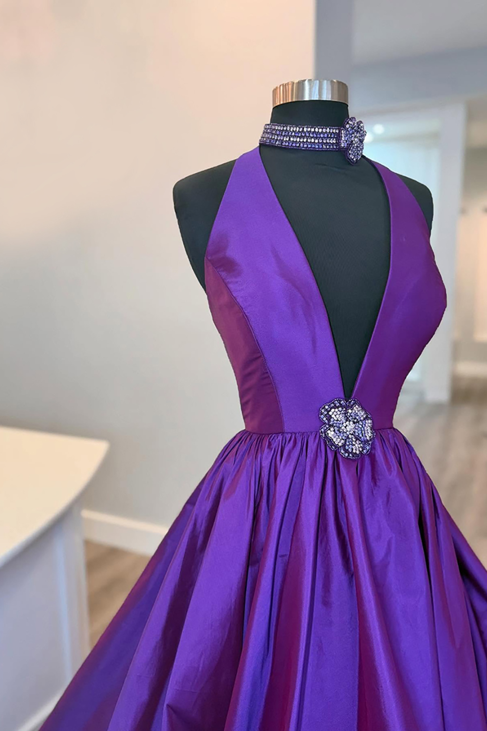 Sparkly Floral Beaded Black A Line Halter Long Prom Dress