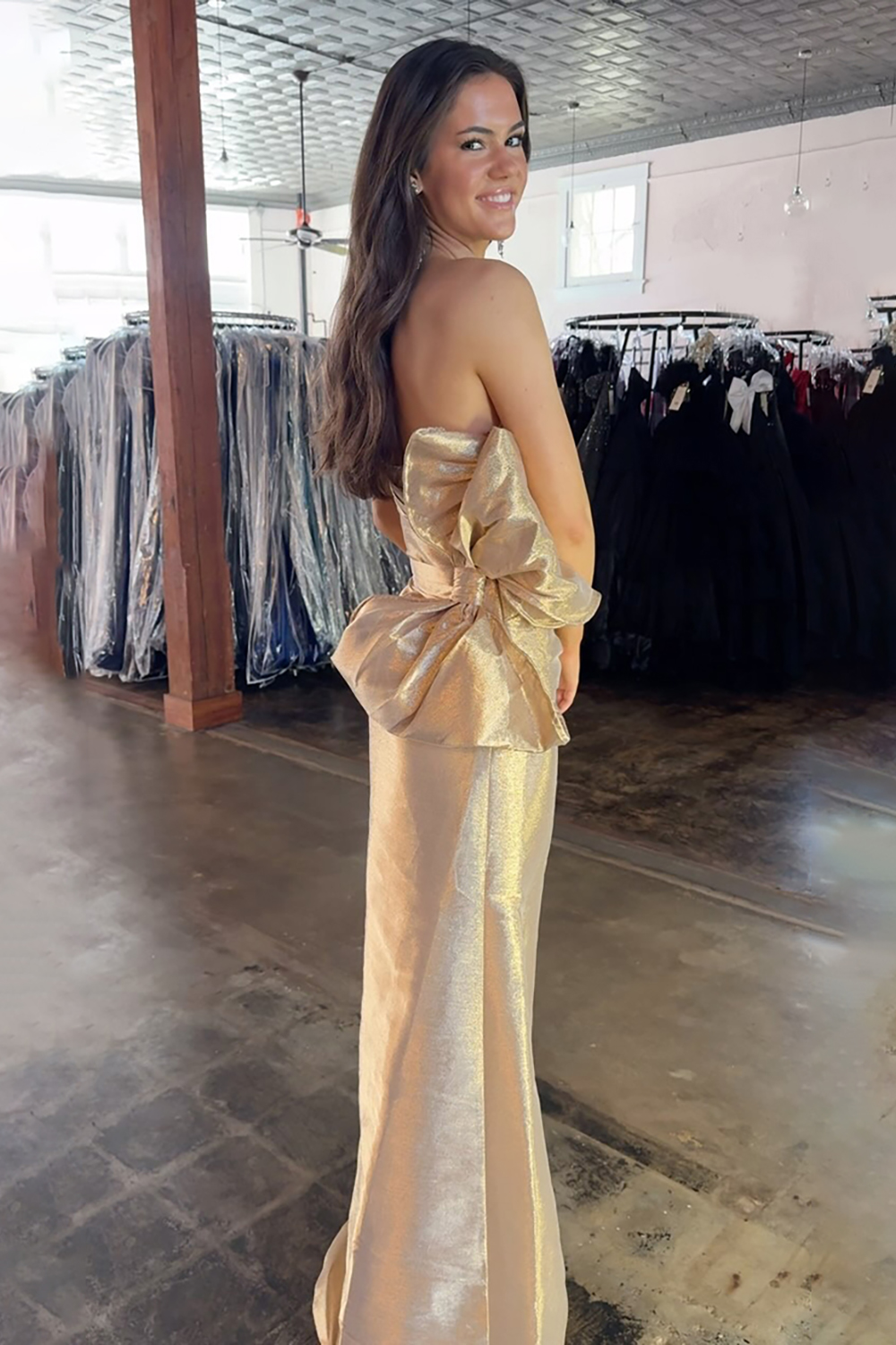 Gold Mermaid Satin Ruched Long Prom Dress with Bow