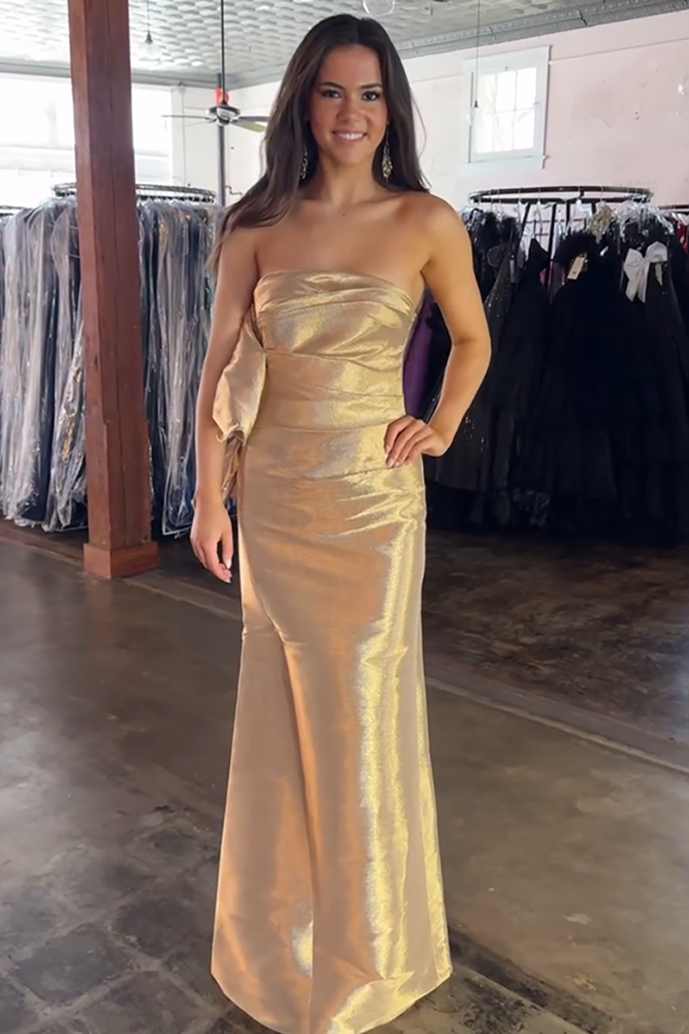 Gold Mermaid Satin Ruched Long Prom Dress with Bow