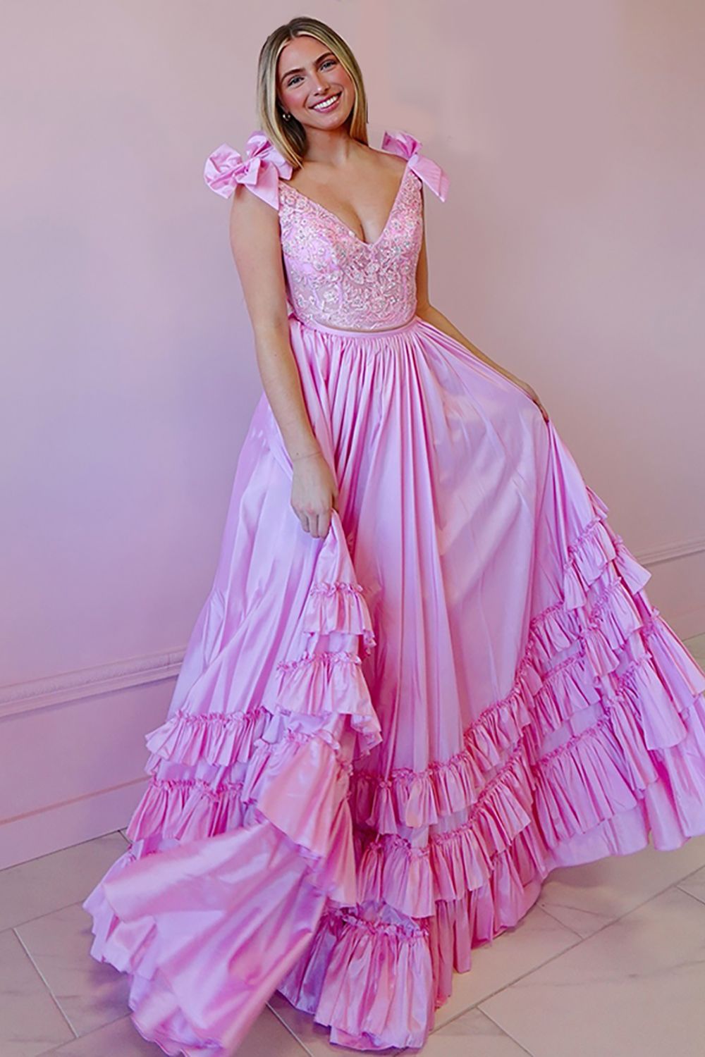 Pink A Line V-Neck Tiered Ruffled Long Prom Dress with Lace