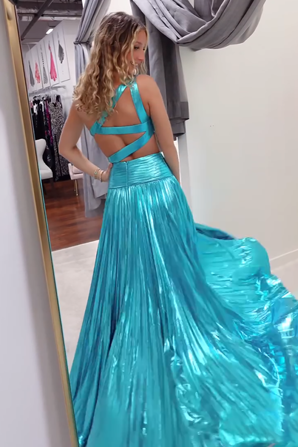 Turquoise One Shoulder Mermaid Metallic Long Prom Dress with Slit