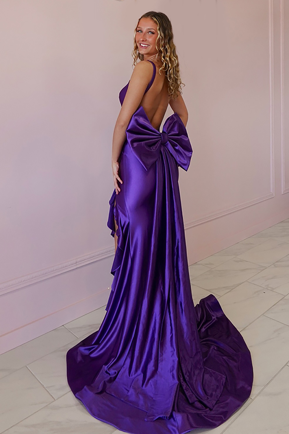 Purple Mermaid V-Neck Corset Ruffled Long Prom Dress with Slit