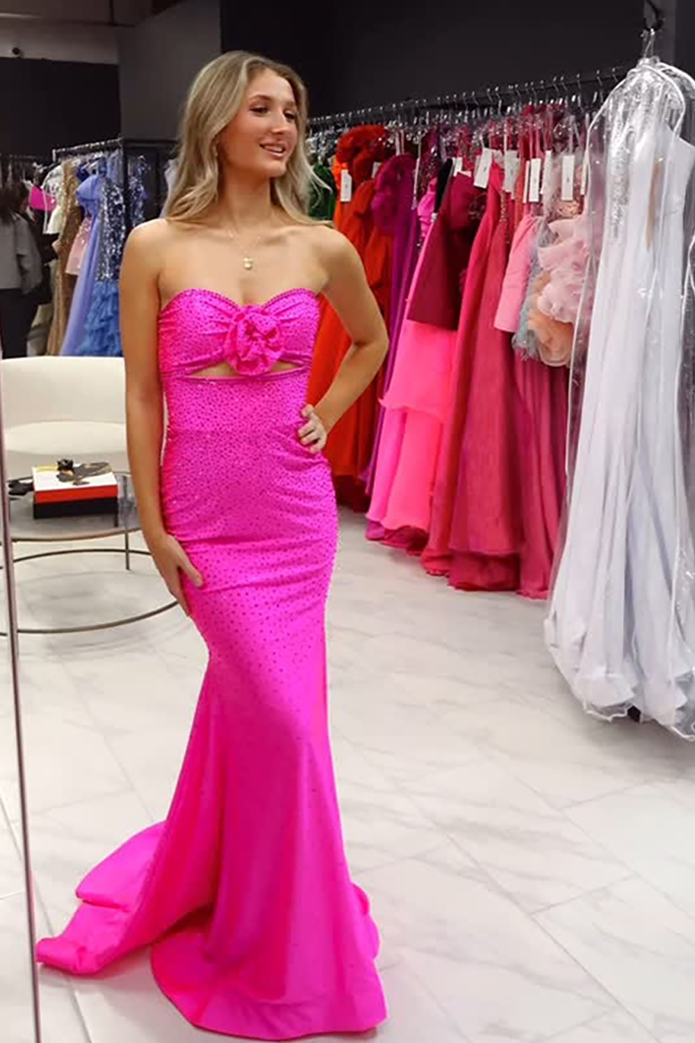 Sparkly Fuchsia Beaded Mermaid Sweetheart Long Prom Dress with 3D Flower