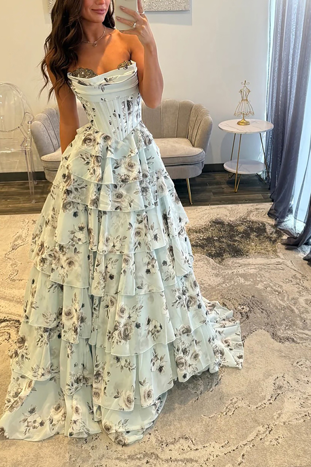 Light Green Floral Corset Tiered Ruffled A Line Long Prom Dress