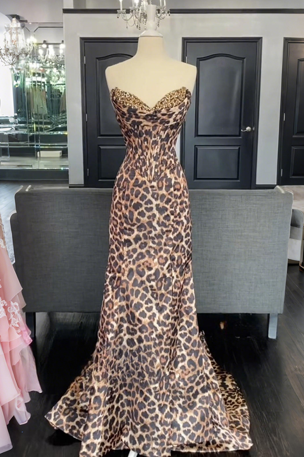 Sparkly Coffee Leopard Mermaid Sweetheart Corset Long Prom Dress with Slit