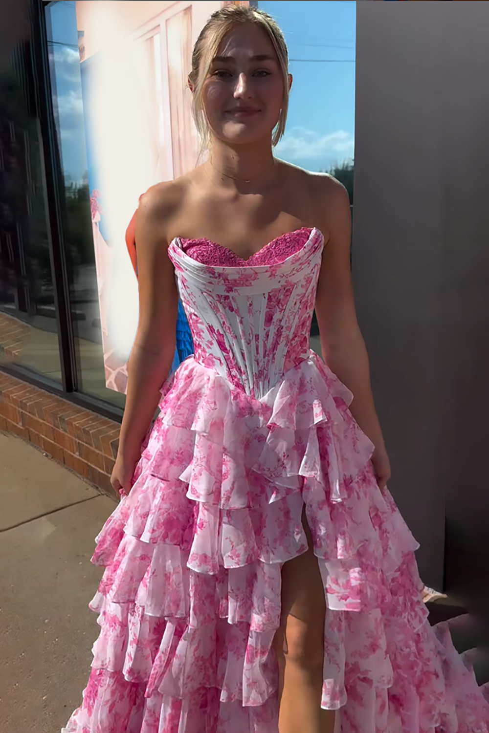 Pink Floral Tiered Ruffled Corset Long Prom Dress with Lace