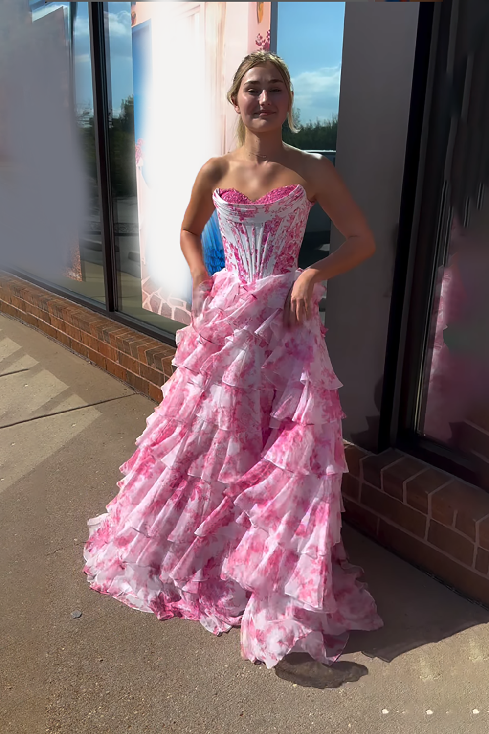 Pink Floral Tiered Ruffled Corset Long Prom Dress with Lace