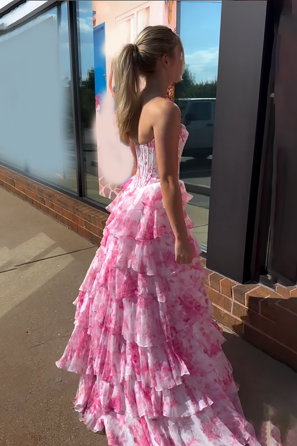 Pink Floral Tiered Ruffled Corset Long Prom Dress with Lace