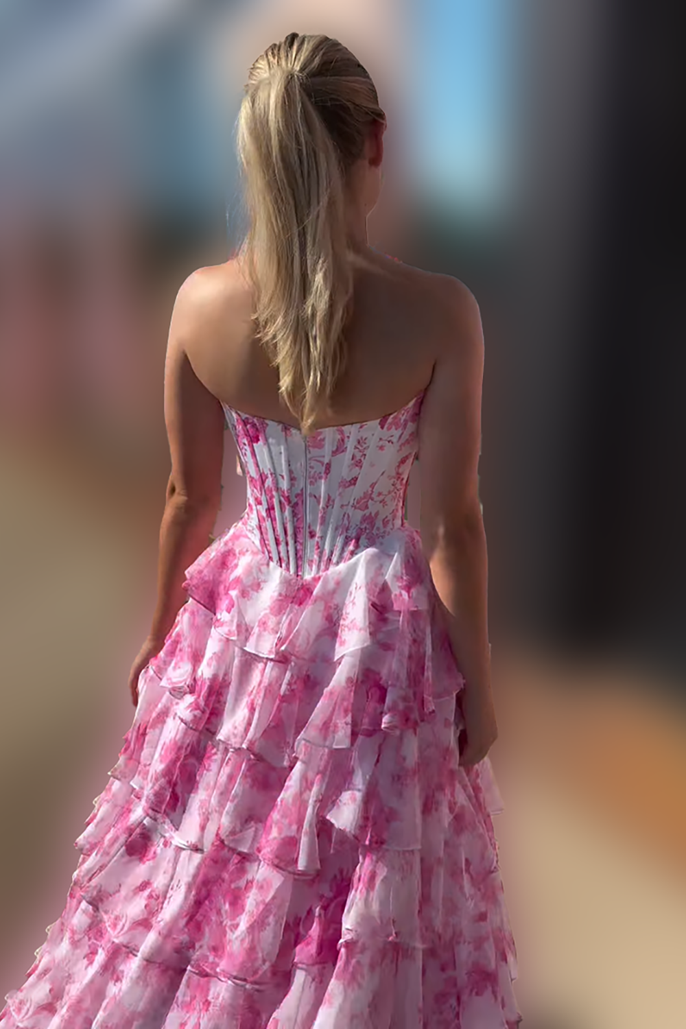 Pink Floral Tiered Ruffled Corset Long Prom Dress with Lace