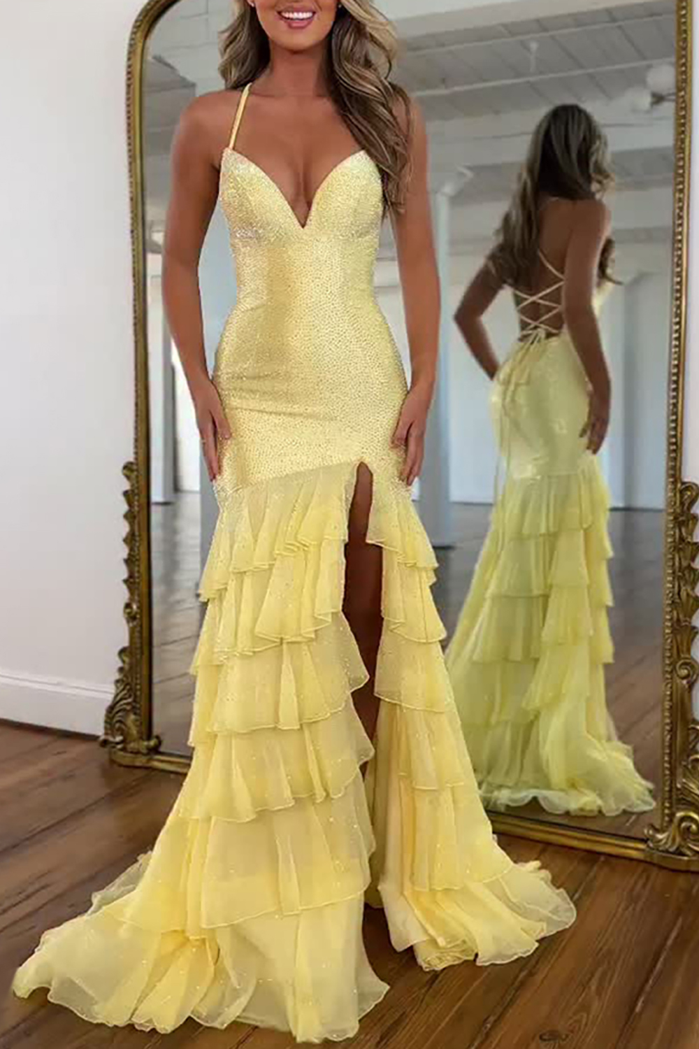 Sparkly Yellow Beaded Mermaid Ruffled Long Prom Dress with Slit