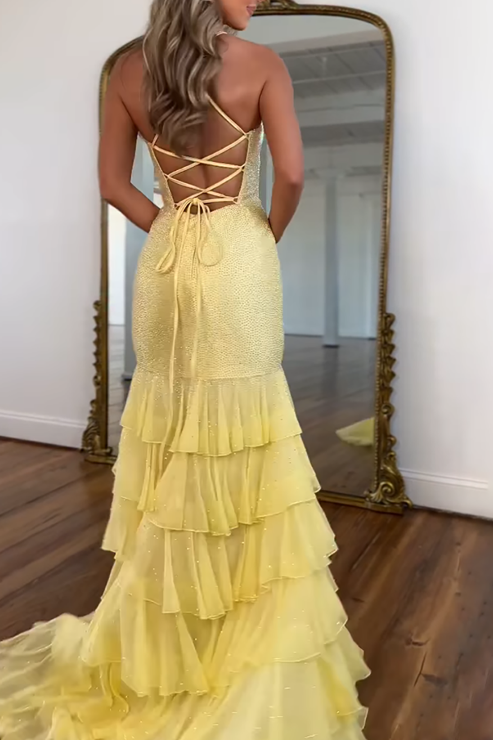 Sparkly Yellow Beaded Mermaid Ruffled Long Prom Dress with Slit