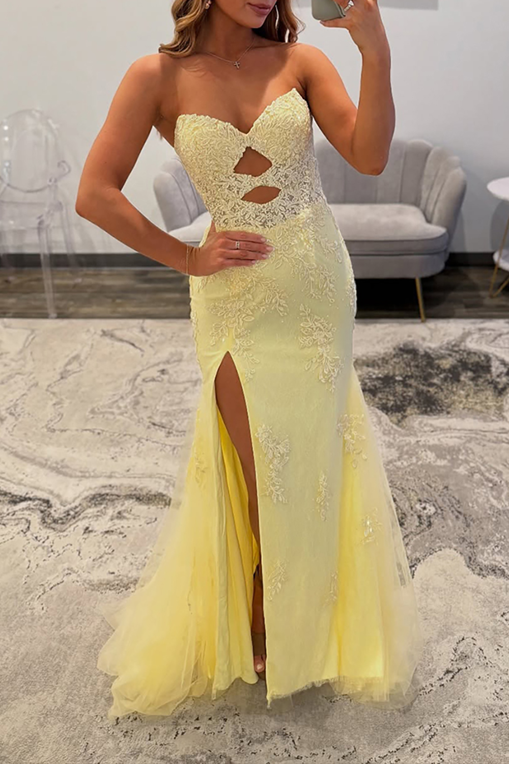 Yellow Mermaid Lace Sweetheart Cut Out Long Prom Dress with Slit
