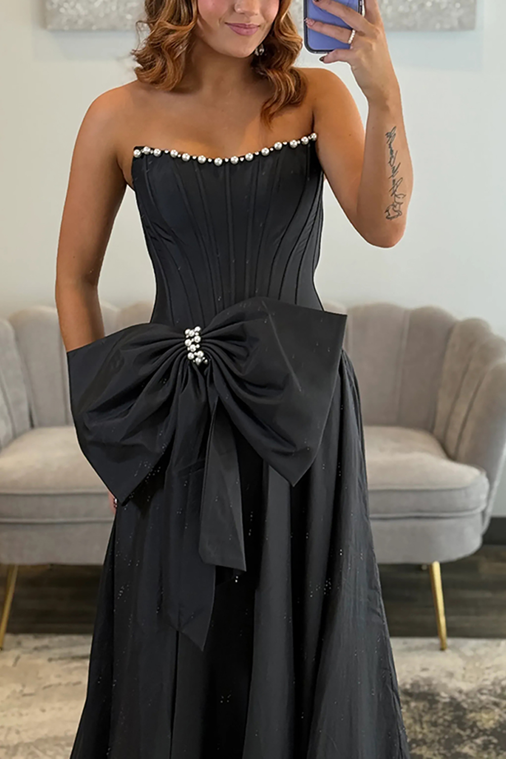 Sparkly Pink Corset Beaded Strapless Long Prom Dress with Bow