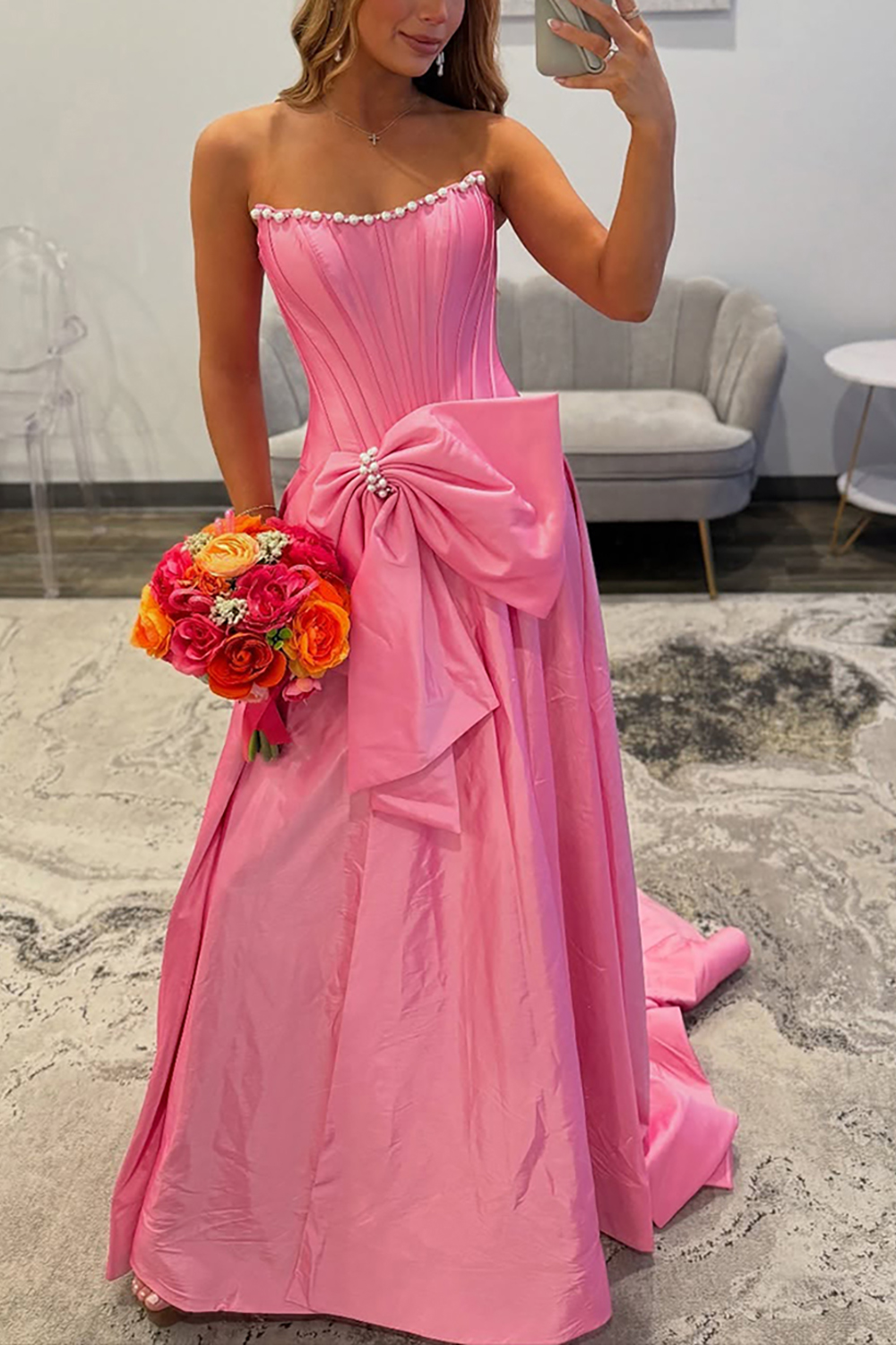 Sparkly Pink Corset Strapless Pearls Long Prom Dress with Slit