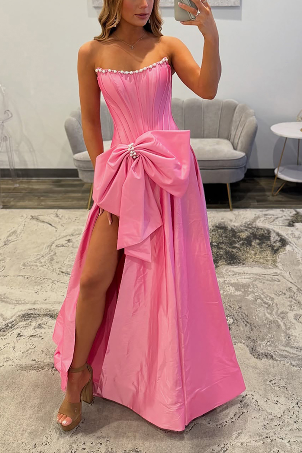 Sparkly Pink Corset Strapless Pearls Long Prom Dress with Slit