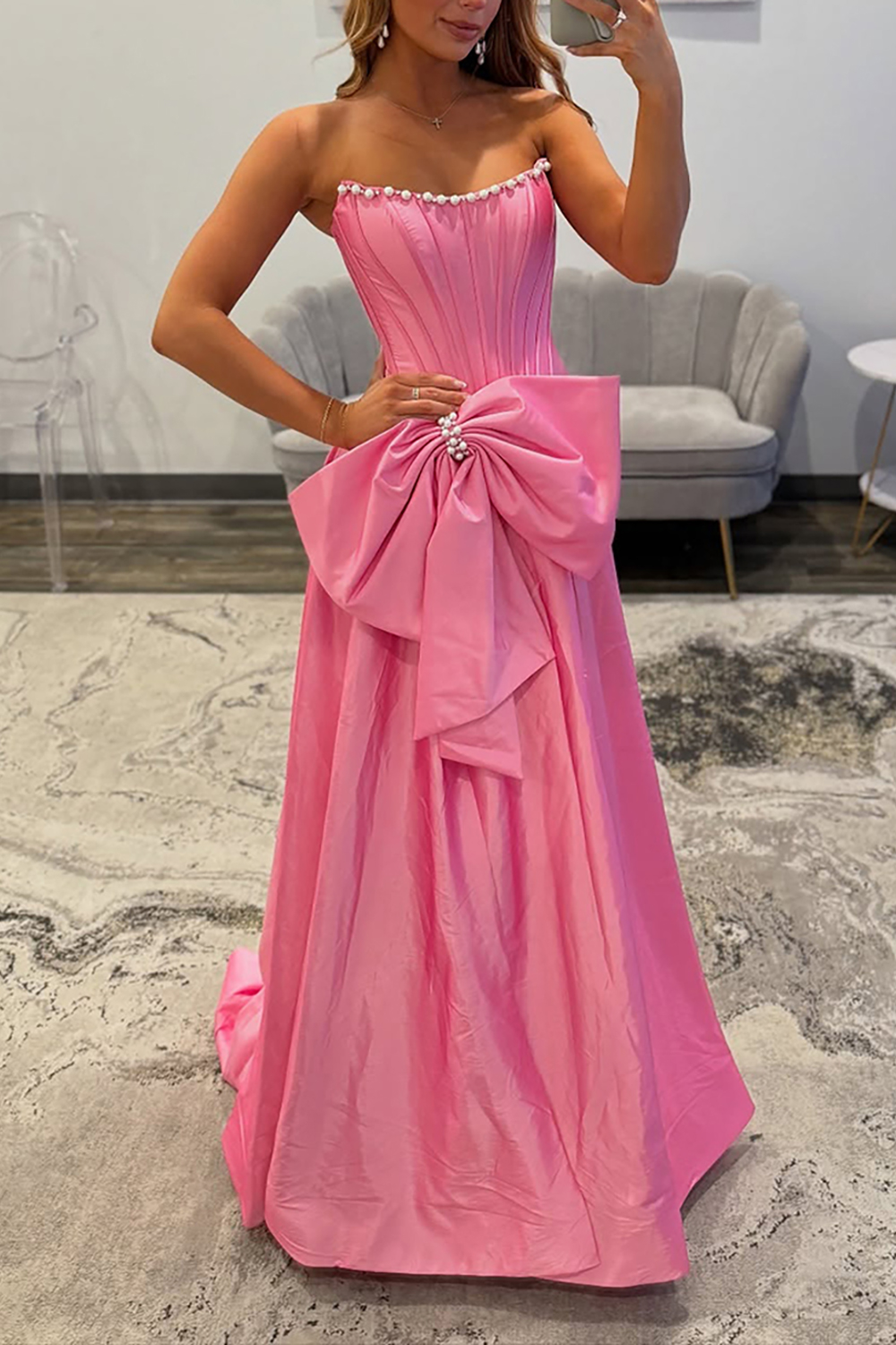 Sparkly Pink Corset Strapless Pearls Long Prom Dress with Slit