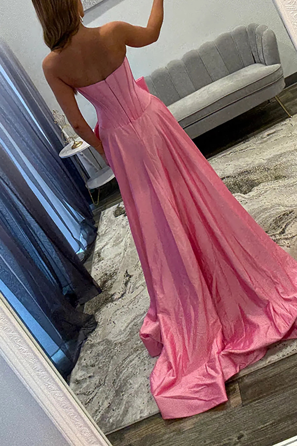 Sparkly Pink Corset Strapless Beaded Long Prom Dress with Bow