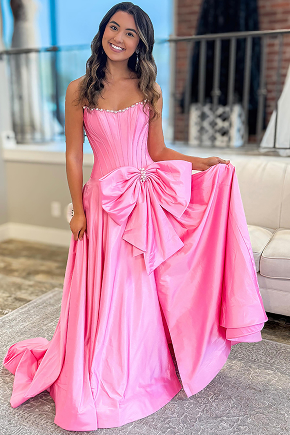 Sparkly Pink Corset Beaded Strapless Long Prom Dress with Bow
