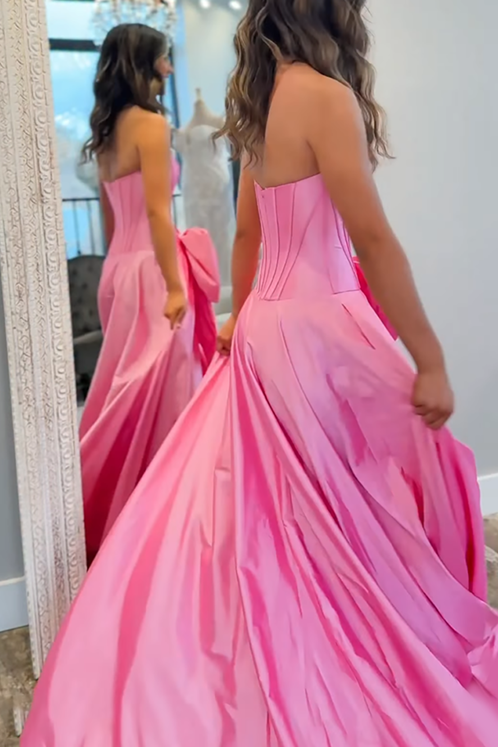 Sparkly Pink Corset Beaded Strapless Long Prom Dress with Bow