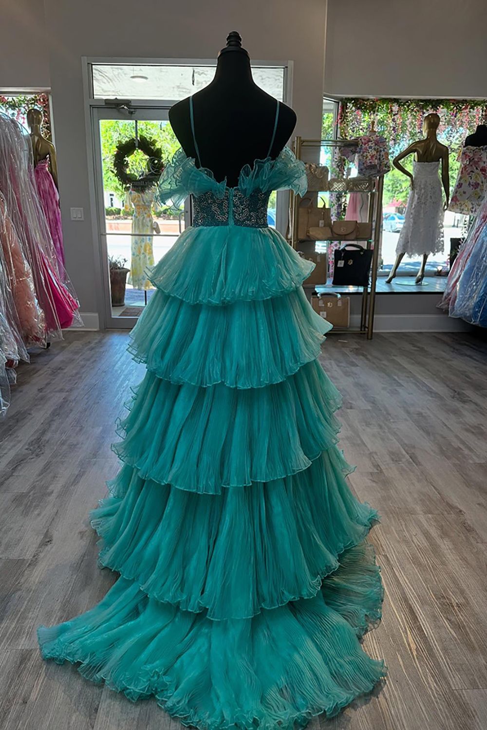 Sparkly Peacock Green Beaded Tiered Long Prom Dress with Ruffles