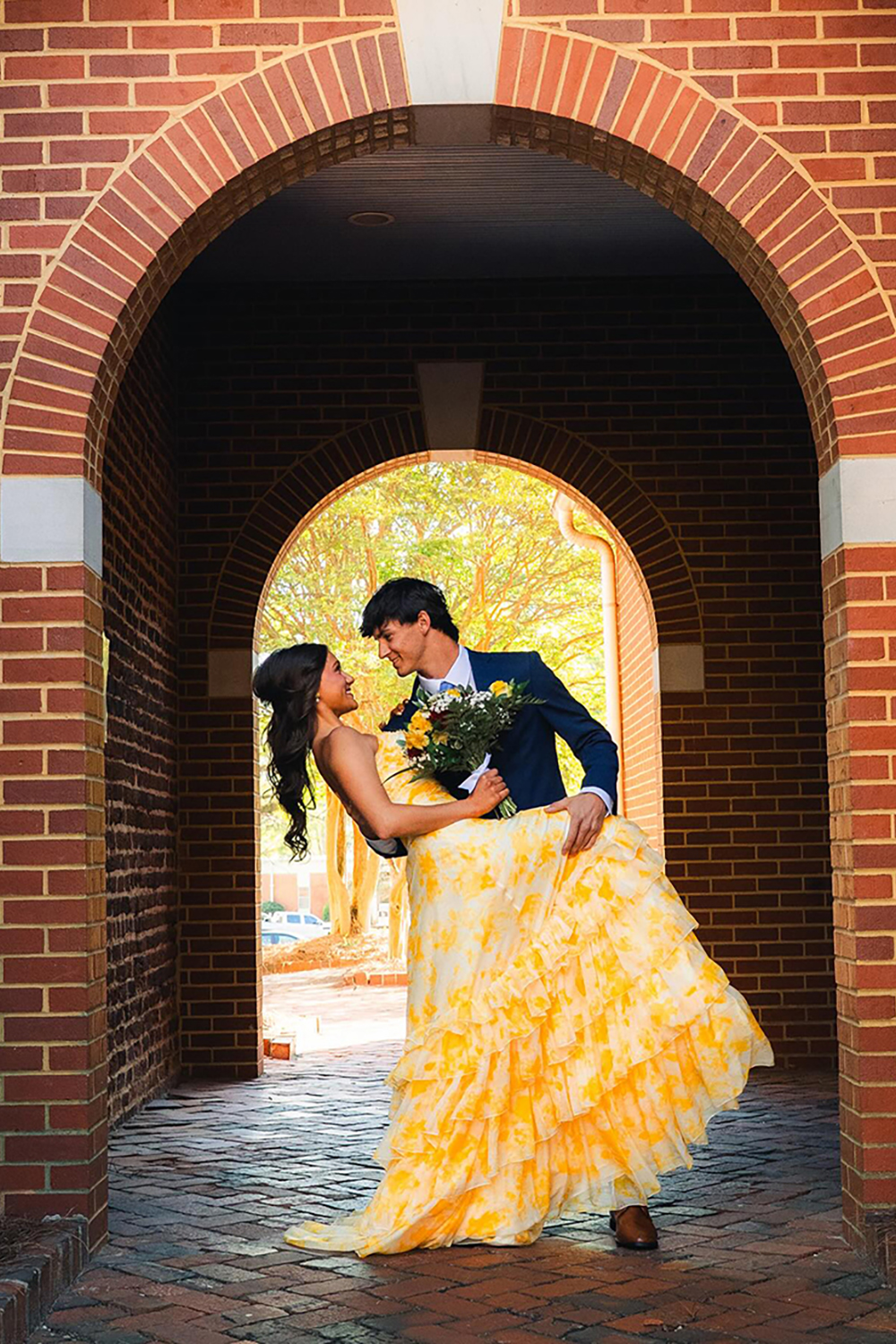 Yellow Flower A Line Tiered Strapless Long Prom Dress with Ruffles