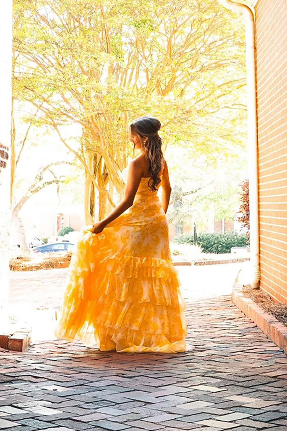 Yellow Flower A Line Tiered Strapless Long Prom Dress with Ruffles