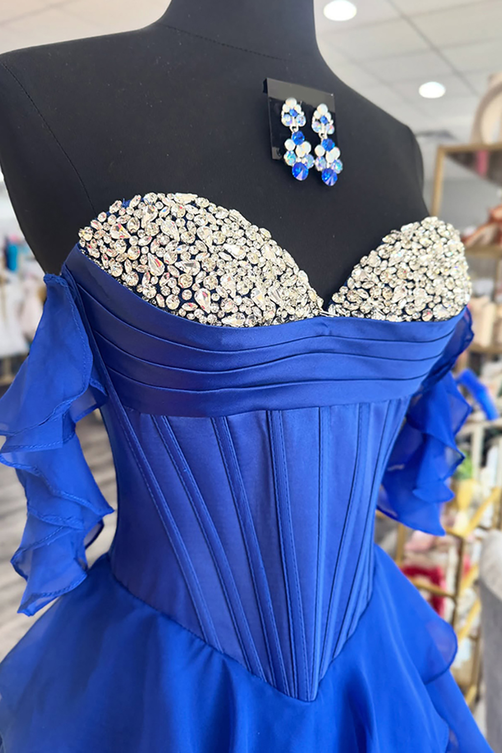 Sparkly Black Corset Tiered Ruffled Long Prom Dress with Beading