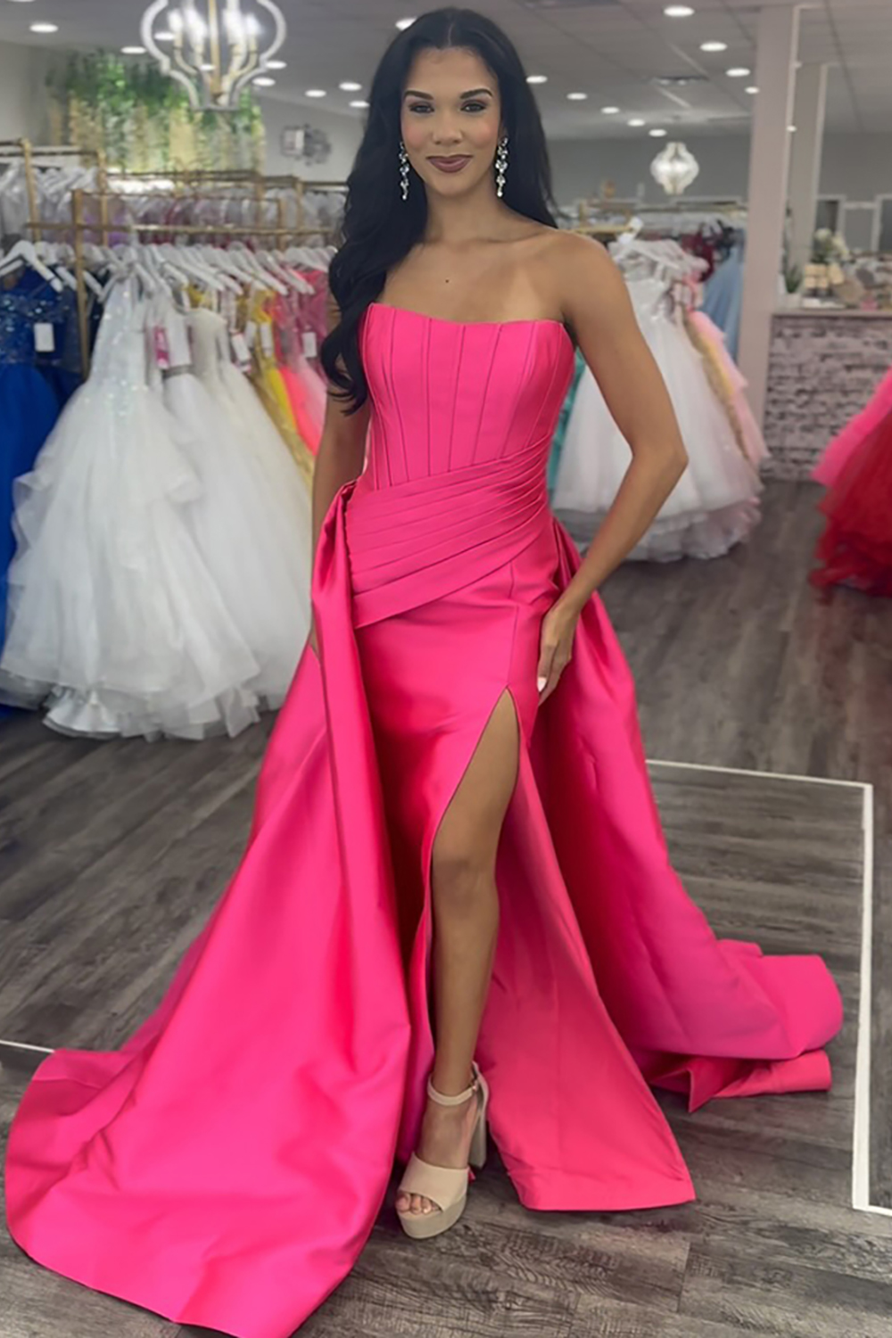 Fuchsia Corset Mermaid Strapless Satin Long Prom Dress with Cape