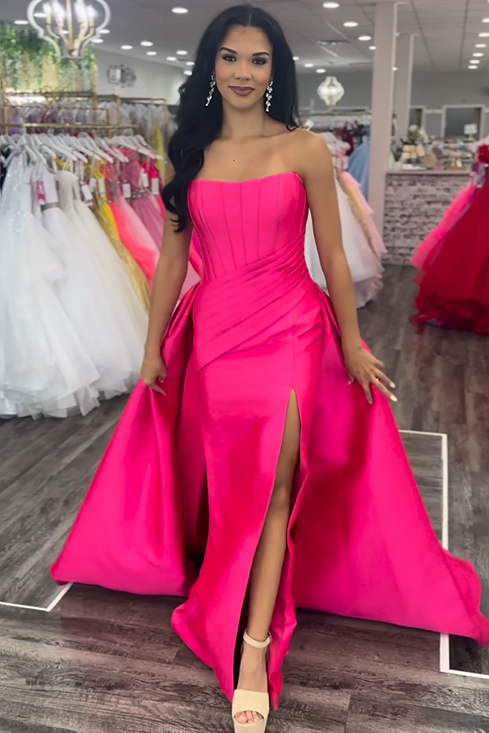 Fuchsia Corset Mermaid Strapless Satin Long Prom Dress with Cape