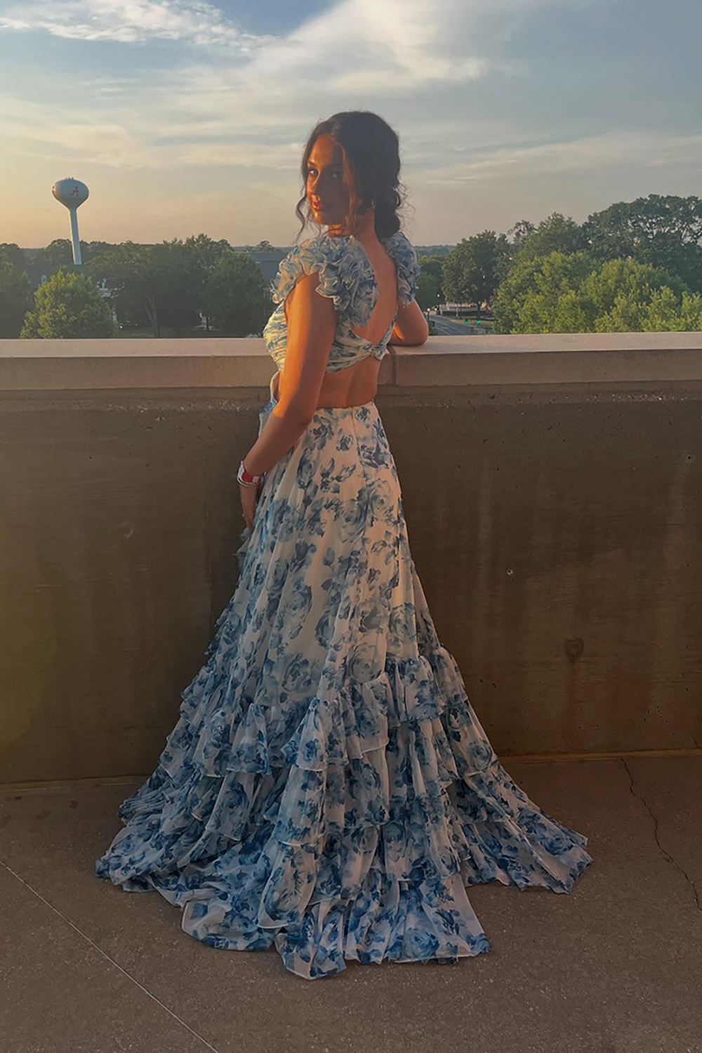 Blue Flower A Line Ruffled Tiered Long Prom Dress with Slit