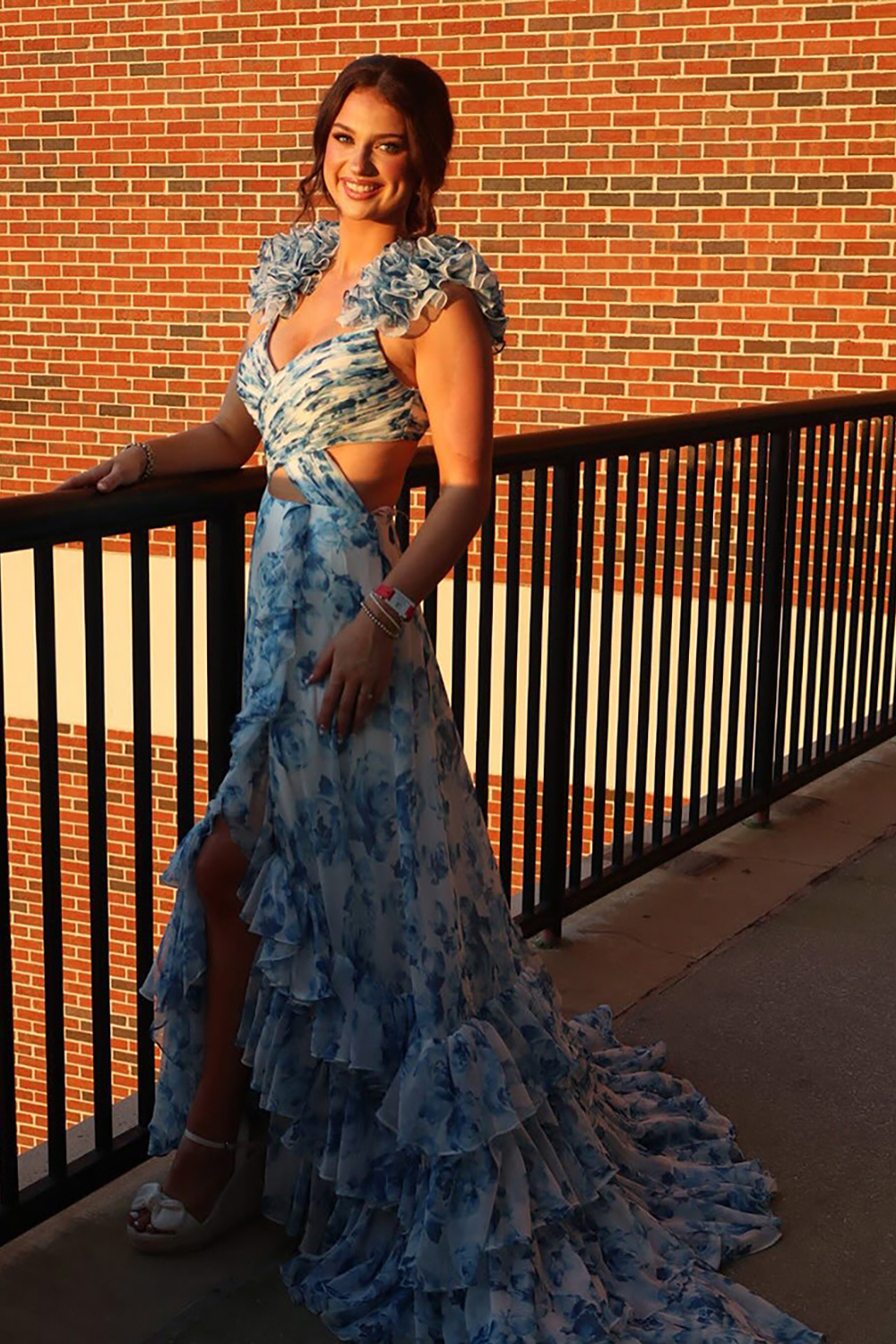 Blue Flower A Line Ruffled Tiered Long Prom Dress with Slit